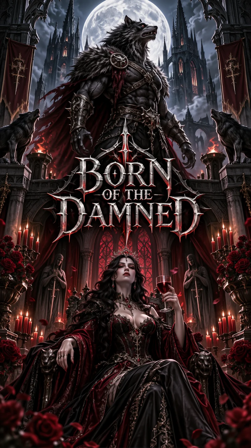 Born of the Damned title artwork: an armoured werewolf above a seated vampire in a gothic castle.