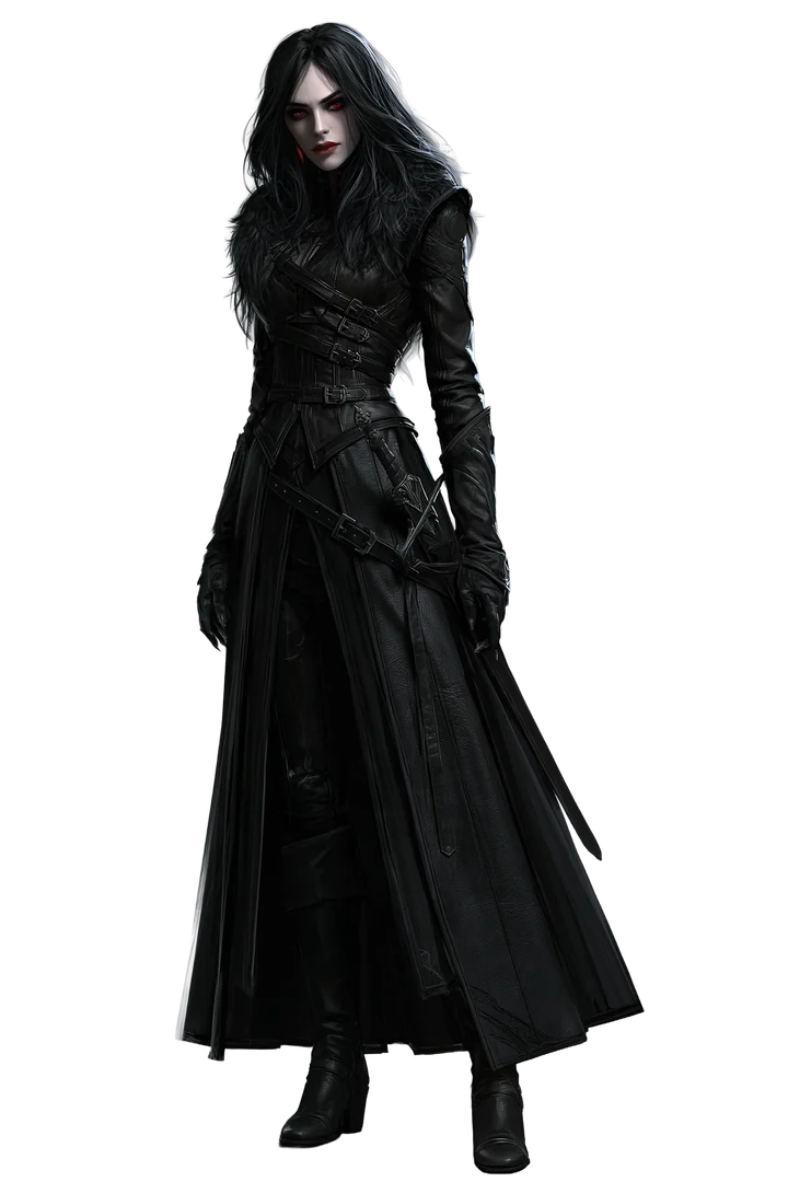 Vampire character with dark hair, black armour and a long cloak.